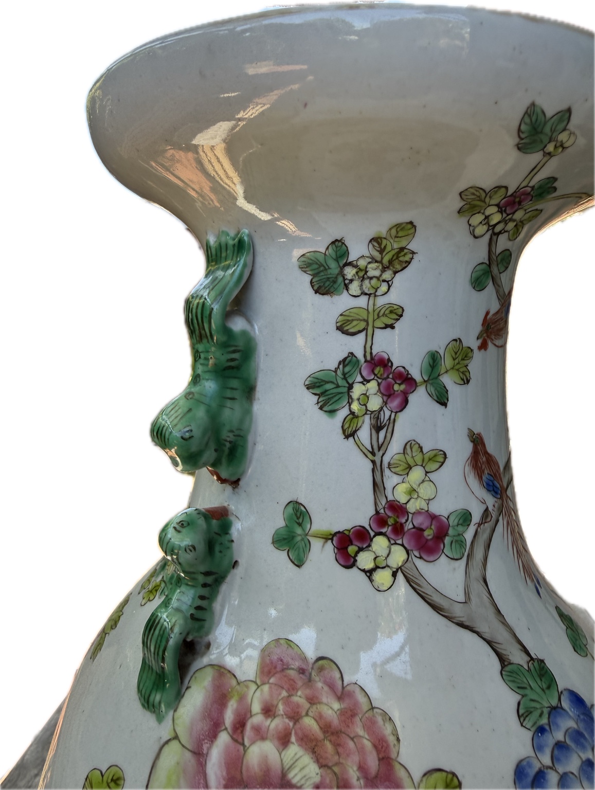 Chinesische Famille Rose Porzellanvase handbemalt – 44,5 cm – Vögel & Pfingstrosen